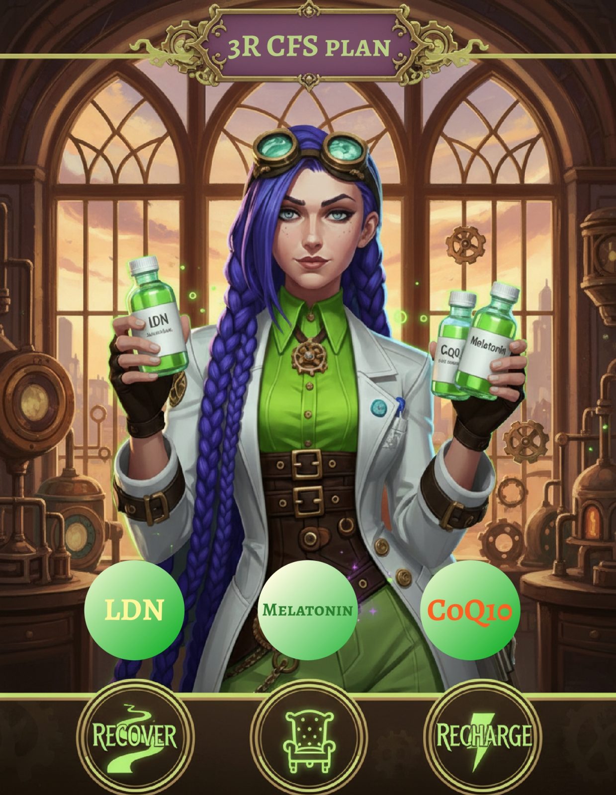 Dr. Rosalind Jex stands in her steampunk laboratory, holding bottles labelled LDN, Melatonin, and CoQ10, representing the 3R CFS plan: Recover, Rest, and Recharge. Learn more at medicalmojo.co.uk.