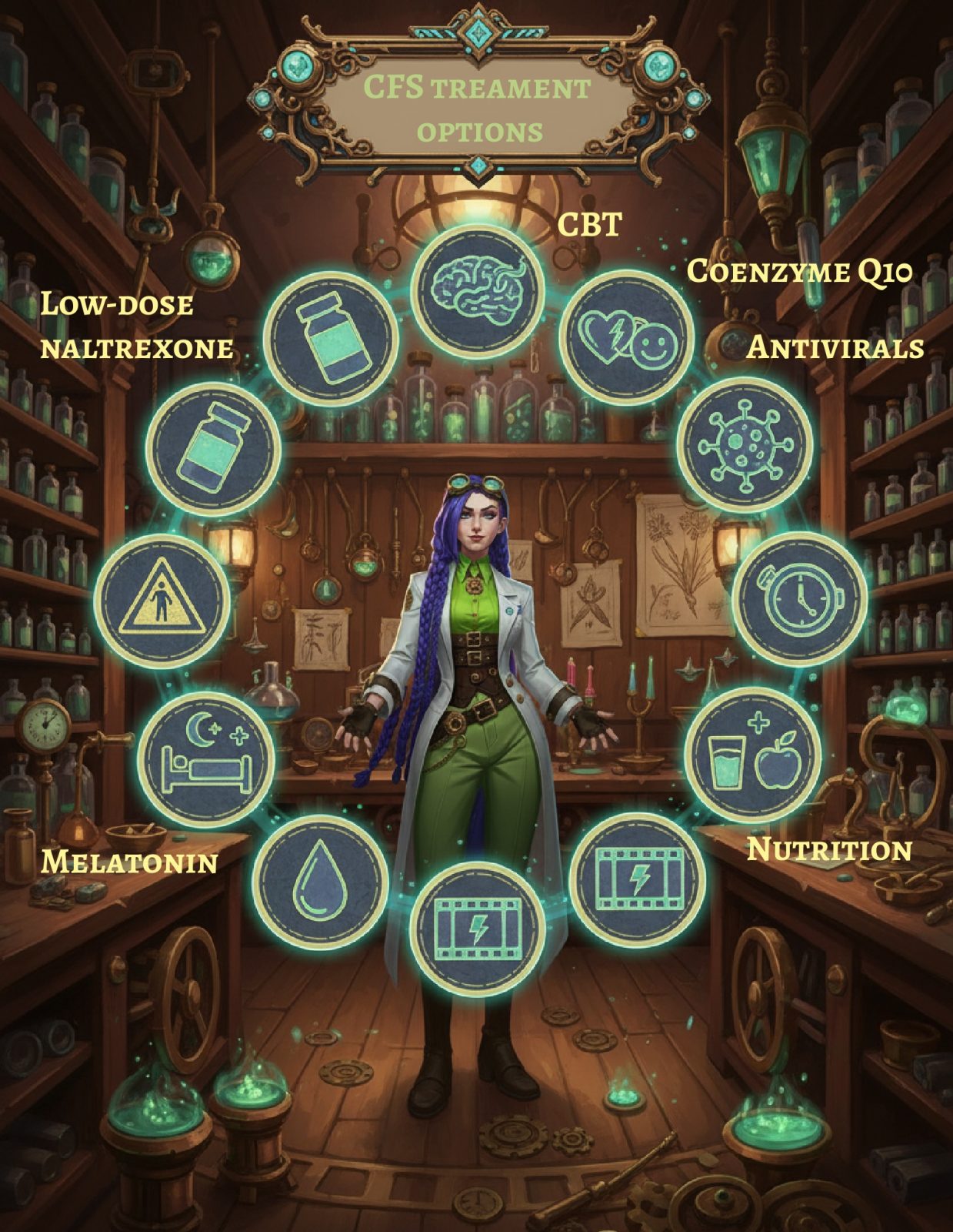 Dr. Rosalind Jex stands in her steampunk laboratory, surrounded by illustrated icons representing chronic fatigue syndrome (CFS) treatment options, including low-dose naltrexone, CBT, coenzyme Q10, antivirals, melatonin, and nutrition. More at medicalmojo.co.uk.