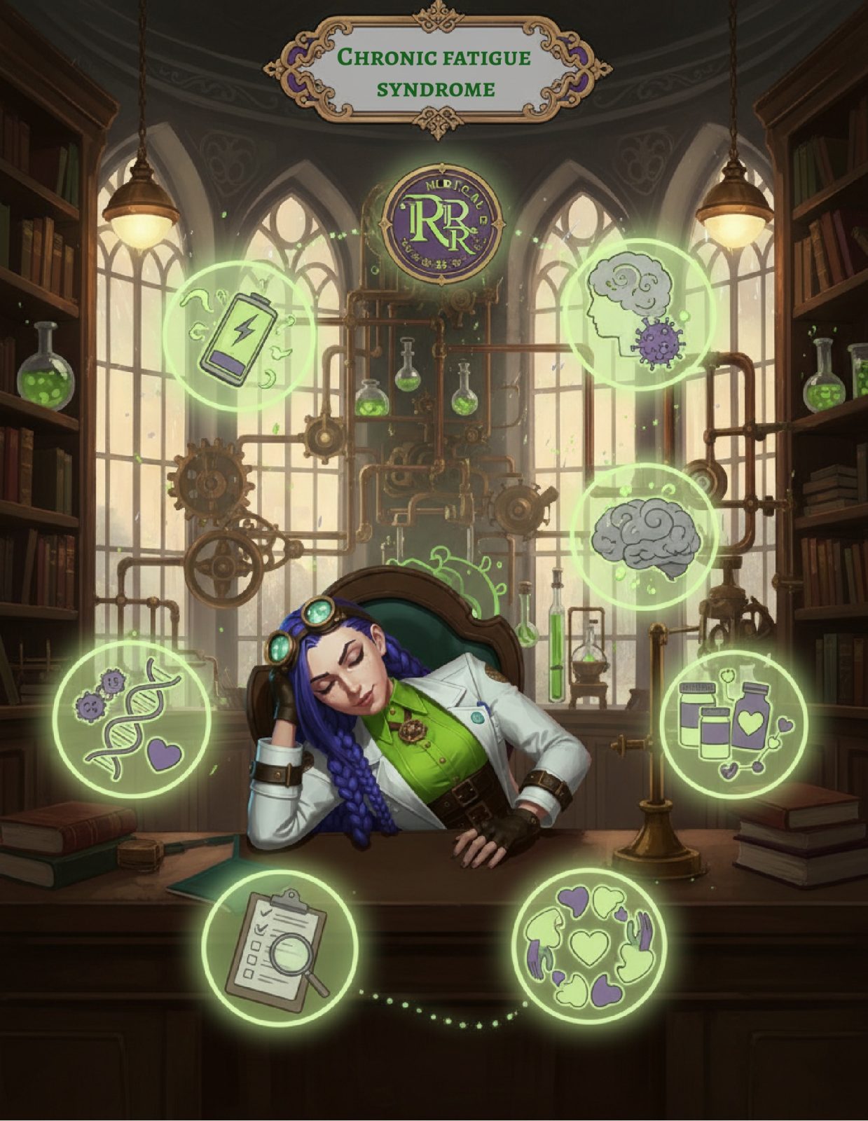 Dr. Rosalind Jex, with her signature purple braids, rests at her desk in a steampunk laboratory, surrounded by glowing icons representing chronic fatigue syndrome (CFS) symptoms and care strategies. Discover more at medicalmojo.co.uk.