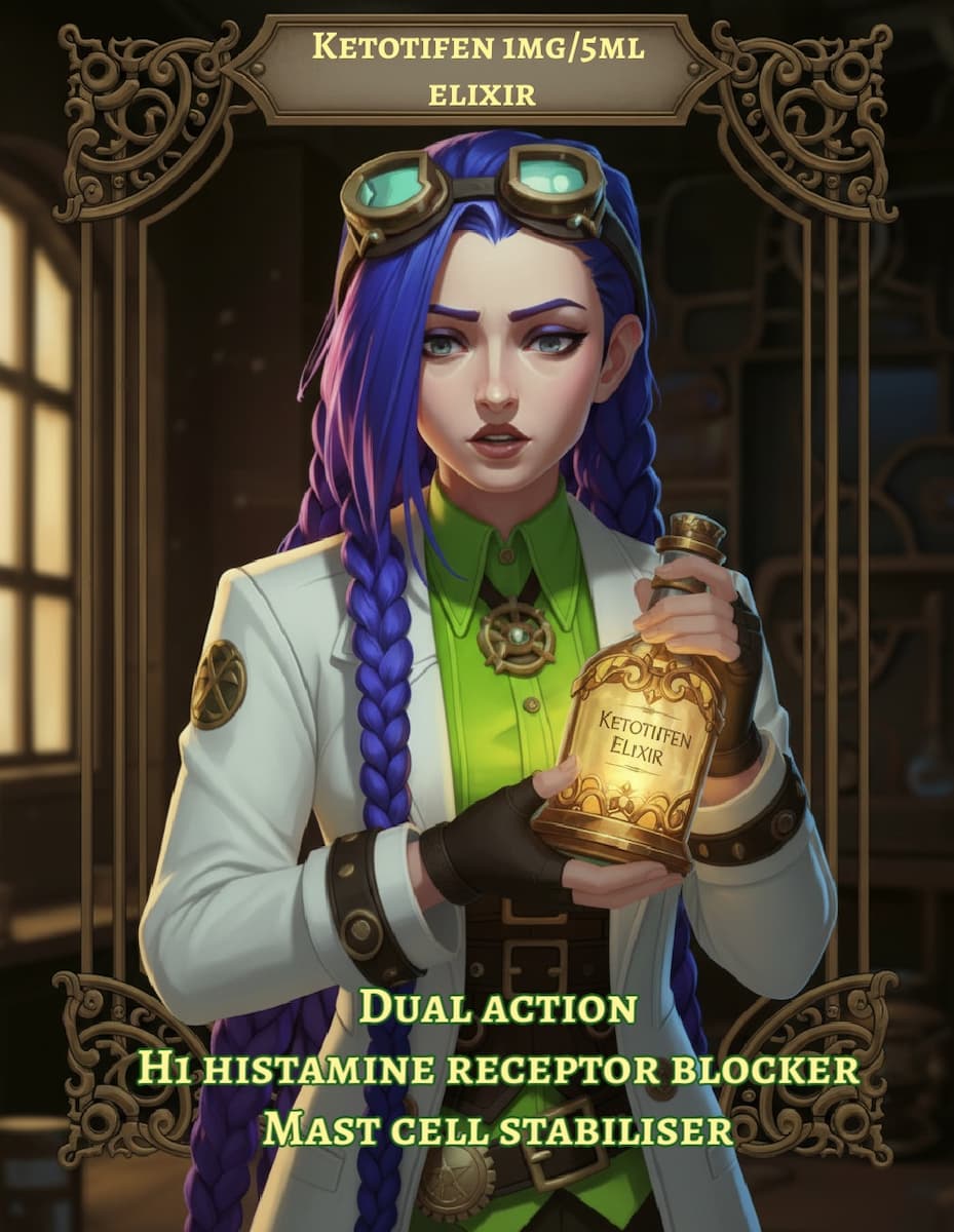 Dr Rosalind Jex stands in her steampunk laboratory in Etherwell, holding a glowing bottle labelled “Ketotifen elixir” beneath a banner reading “Ketotifen 1mg/5ml elixir”, with text highlighting its dual action as an H1 histamine receptor blocker and mast cell stabiliser for the ketotifen elixir guide on medicalmojo.co.uk.