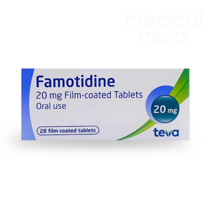 Box of Famotidine 20mg film-coated tablets for oral use, available from medicalmojo.co.uk