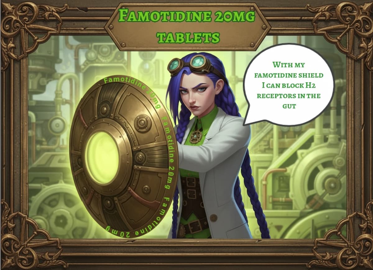 Dr Rosalind Jex, Medical Mojo’s brand ambassador, holds a glowing shield in her steampunk laboratory, symbolising how famotidine 20mg tablets block H2 receptors in the gut. Learn more at medicalmojo.co.uk