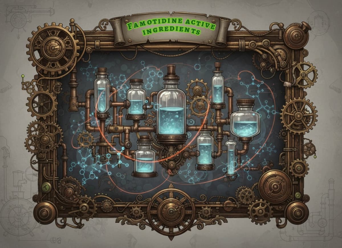 A steampunk-inspired laboratory scene with glass vials, pipes, and glowing blue liquid, representing the active ingredients in famotidine tablets. Discover more at medicalmojo.co.uk