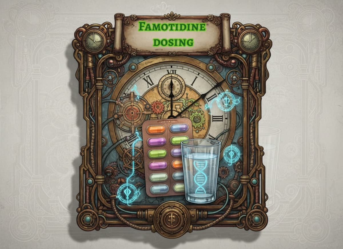 A steampunk-style clock, a glass of water, and a blister pack of colourful tablets illustrate the importance of timing and consistency when dosing famotidine. For more advice, visit medicalmojo.co.uk