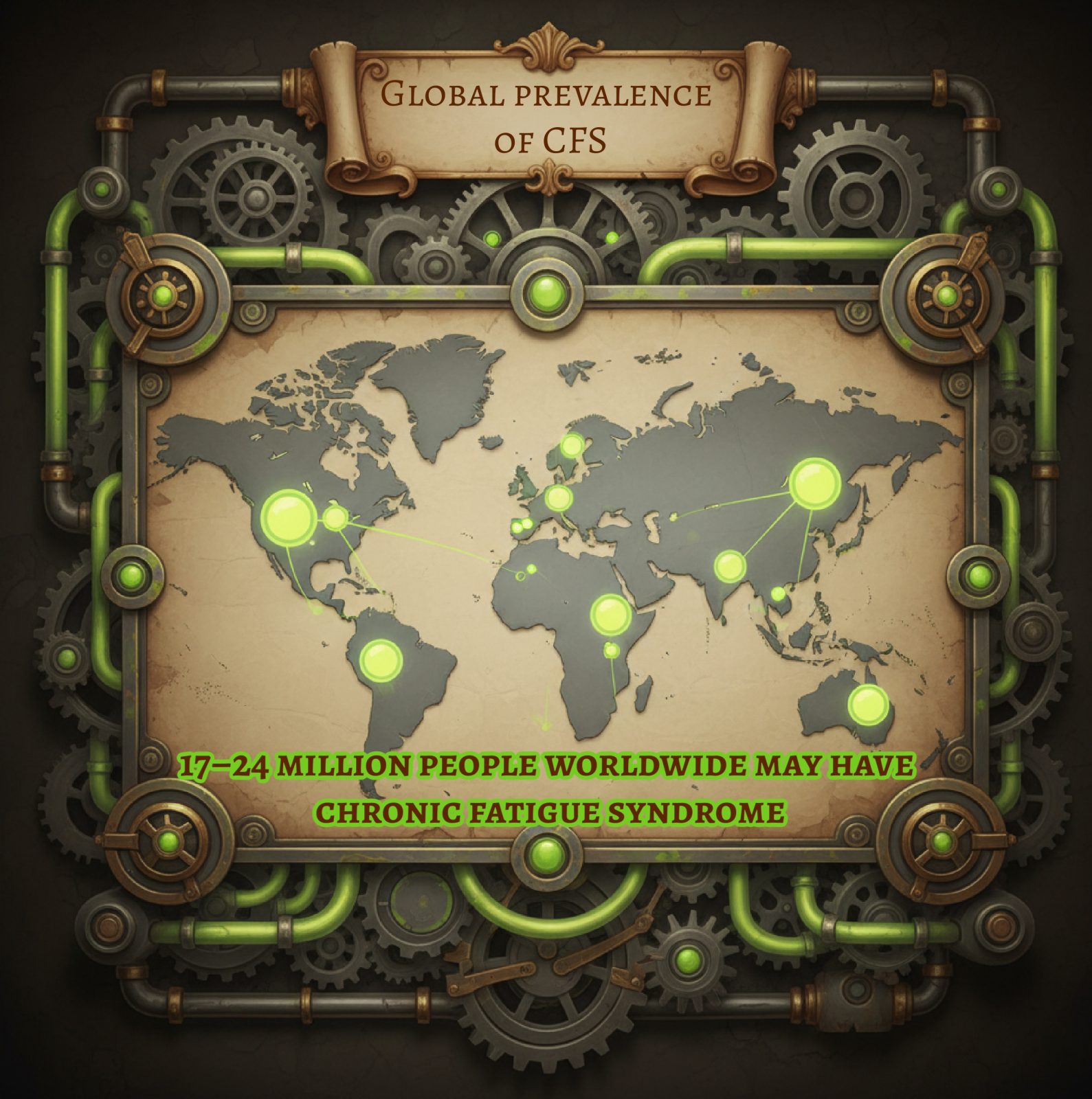 Steampunk-style world map showing the global prevalence of chronic fatigue syndrome, highlighting that 17–24 million people may be affected worldwide. For more information, visit medicalmojo.co.uk.