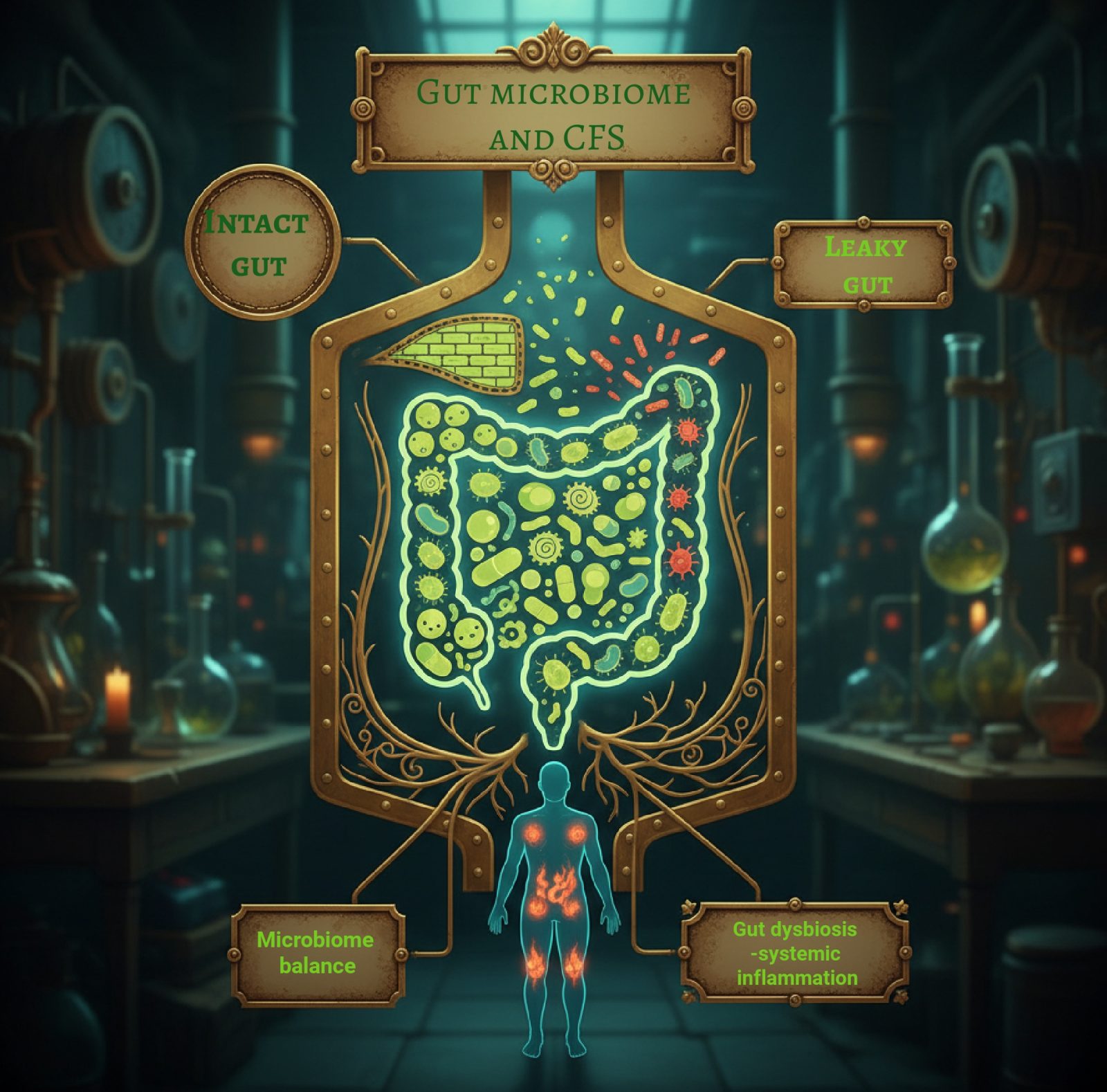 Illustration showing the gut microbiome and chronic fatigue syndrome (CFS), contrasting an intact gut with balanced microbes against a leaky gut linked to gut dysbiosis and systemic inflammation, supporting the discussion on gut health and CFS at https://medicalmojo.co.uk.