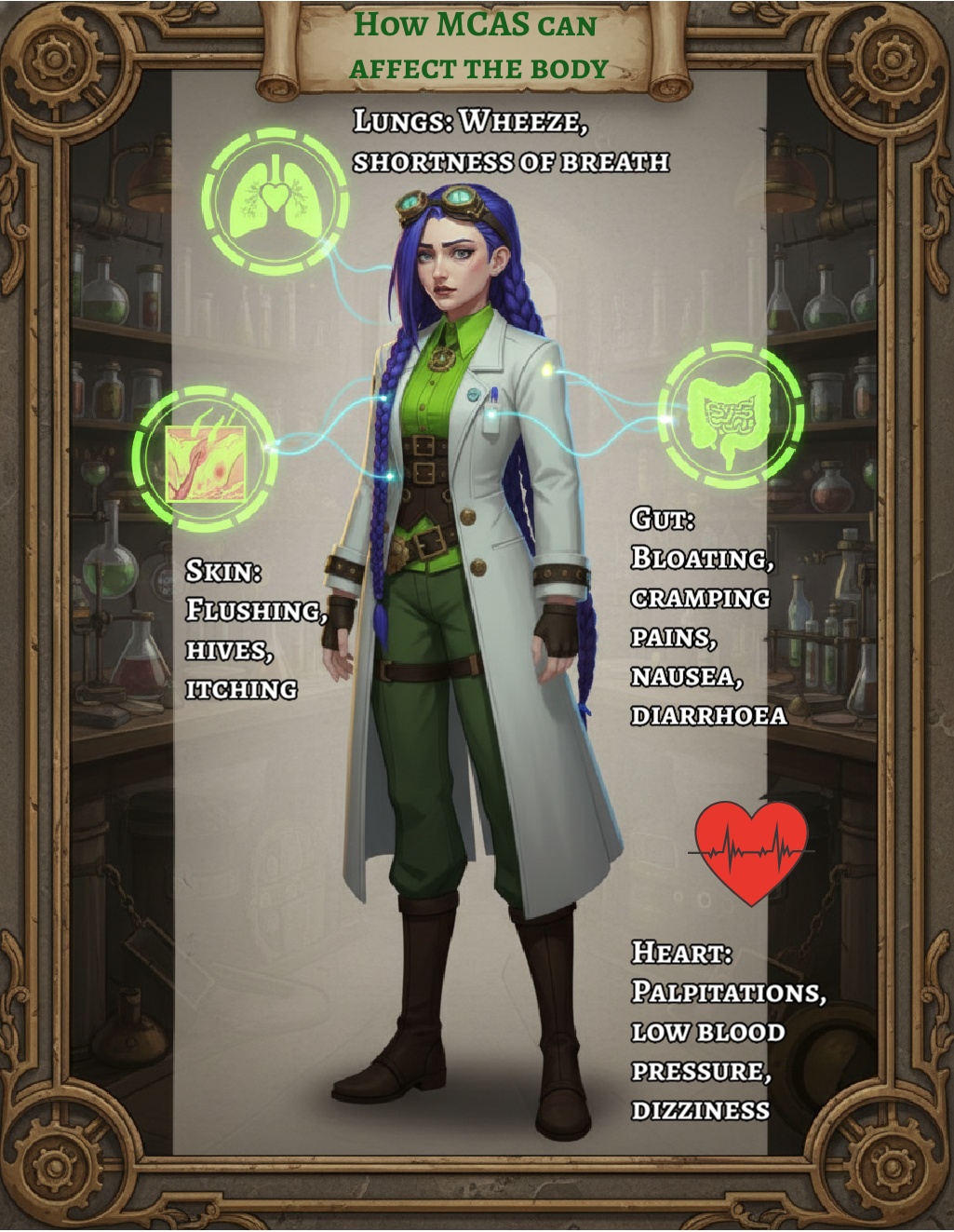 Dr Rosalind Jex, brand ambassador for Medical Mojo, stands in her steampunk laboratory while glowing icons highlight how mast cell activation syndrome (MCAS) can affect different organs of the body, including the skin, lungs, gut and heart, for an educational MCAS symptoms guide at medicalmojo.co.uk.