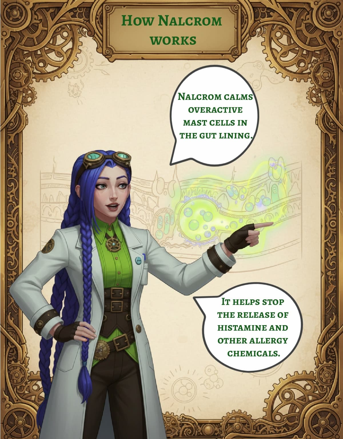 Dr Rosalind Jex stands in a Victorian steampunk laboratory, pointing to a glowing diagram of the gut wall, with speech bubbles explaining that Nalcrom calms overactive mast cells and helps stop the release of histamine and allergy chemicals. medicalmojo.co.uk