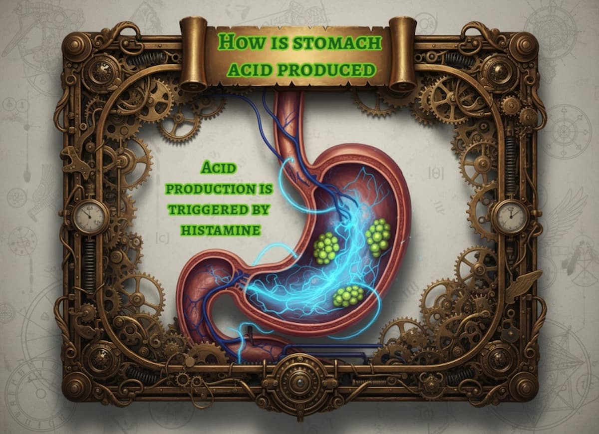 A detailed steampunk-style illustration of a human stomach with blue neural pathways and green cell clusters, showing how histamine triggers acid production. Learn more at medicalmojo.co.uk