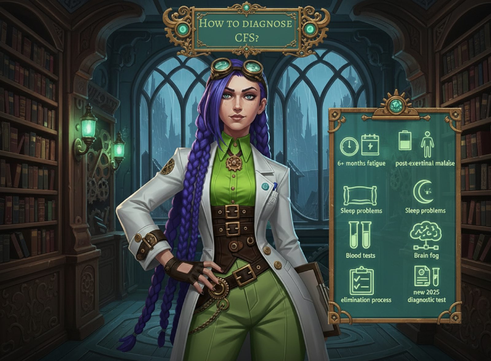 Dr. Rosalind Jex, with signature purple braids, stands confidently in her steampunk laboratory, next to an illustrated diagnostic checklist for chronic fatigue syndrome (CFS), including symptoms, tests, and the latest criteria. Learn more at medicalmojo.co.uk.