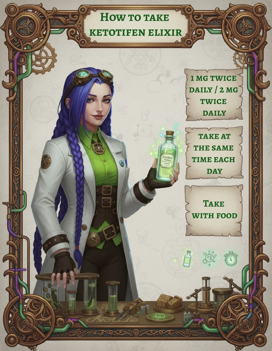 Dr Rosalind Jex stands in her steampunk laboratory in Etherwell holding a glowing bottle of ketotifen elixir, next to parchment panels that explain how to take ketotifen 1mg/5ml elixir (dose, timing and taking it with food), supporting a patient guide on medicalmojo.co.uk.
