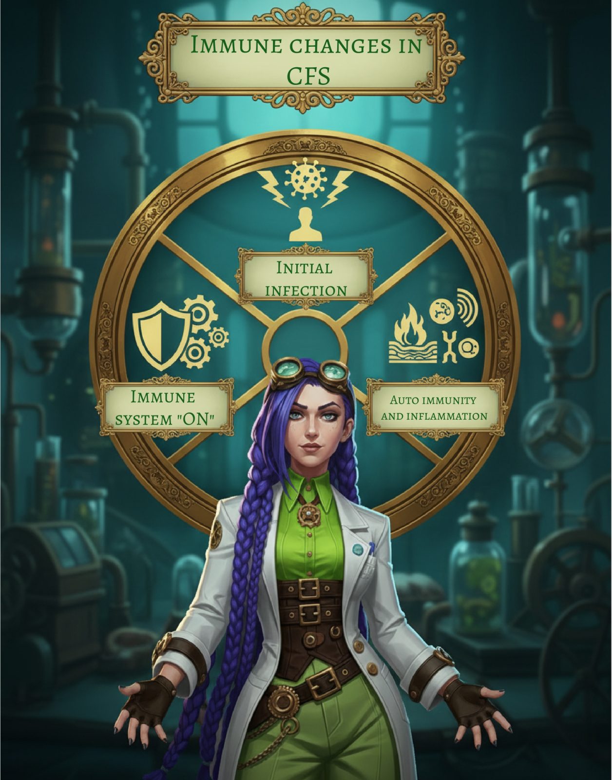 Dr Rosalind Jex stands in her steampunk laboratory at medicalmojo.co.uk beneath a circular immune diagram titled “Immune changes in CFS”, showing how an initial infection can leave the immune system stuck “on” and lead to autoimmunity and inflammation in chronic fatigue syndrome.