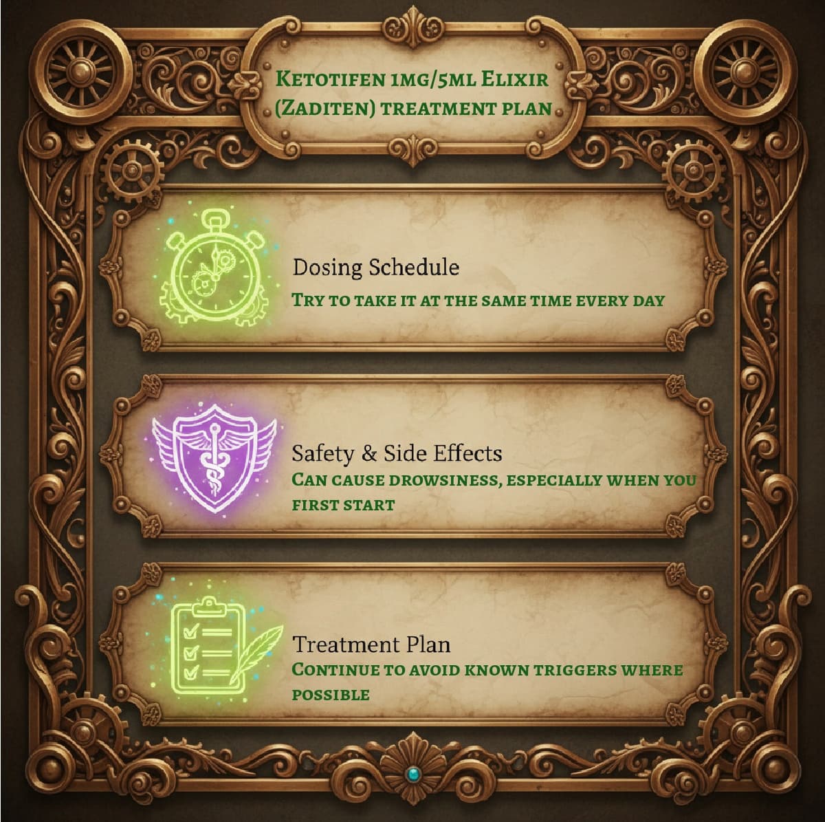 Steampunk?style infographic titled “Ketotifen 1mg/5ml Elixir (Zaditen) treatment plan”, with three glowing panels explaining dosing schedule, safety and side effects, and overall treatment plan for ketotifen elixir, created to support a patient information guide on medicalmojo.co.uk.