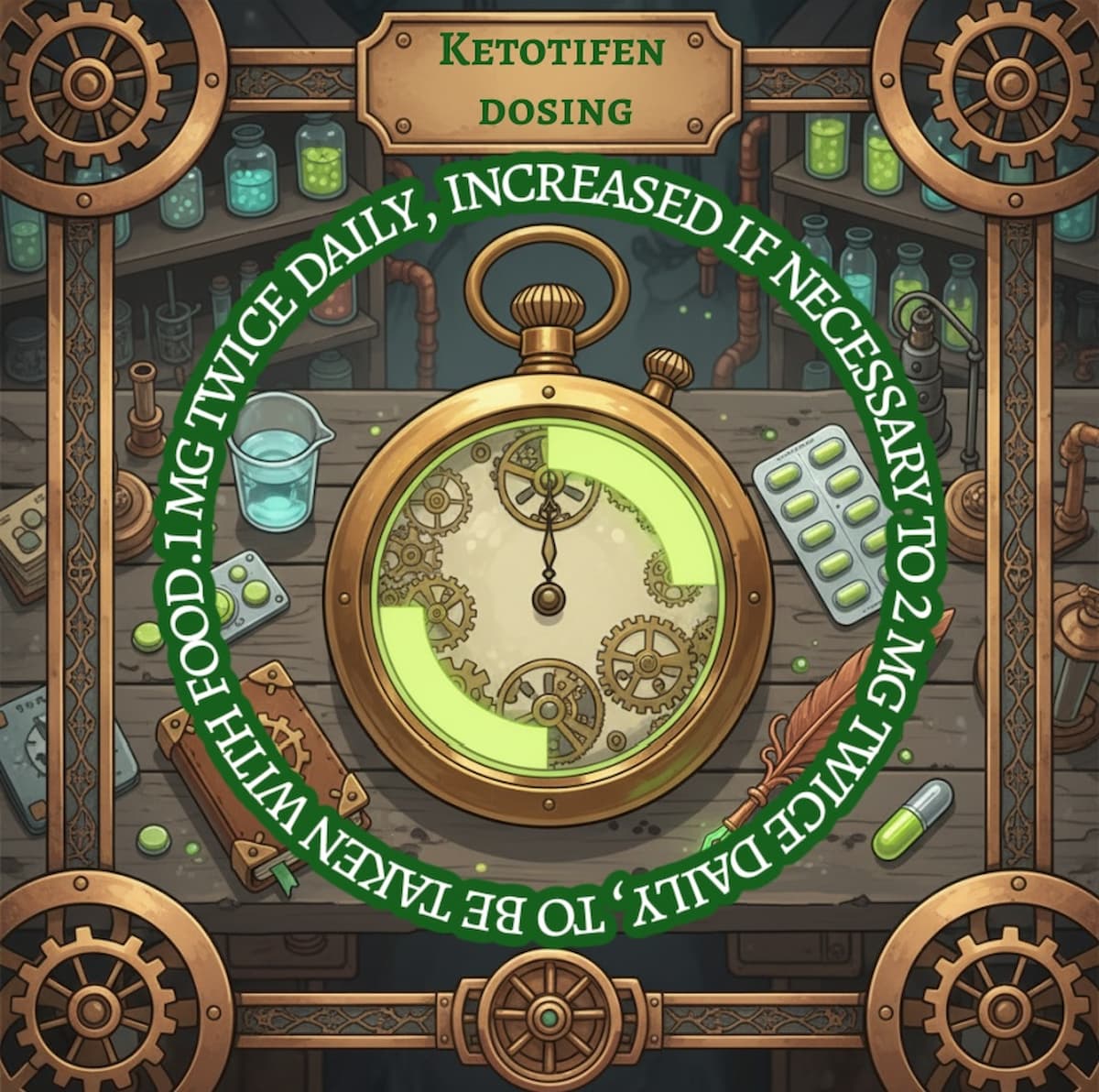 Steampunk pocket?watch illustration from medicalmojo.co.uk showing ketotifen dosing, with a glowing clock face on a laboratory bench surrounded by capsules, blister packs and glassware to emphasise timing and regular twice?daily dosing.
