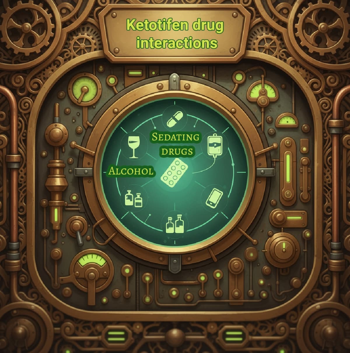 Steampunk?style radar screen showing ketotifen drug interactions on medicalmojo.co.uk, highlighting alcohol, sedating medicines and other prescription drugs that can increase drowsiness or side effects when taken with ketotifen.