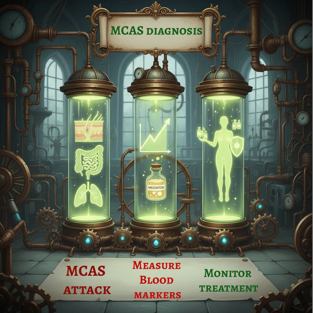 Steampunk?style laboratory infographic from medicalmojo.co.uk showing three glowing glass chambers that explain the key steps in diagnosing mast cell activation syndrome (MCAS): documenting symptoms during an MCAS attack, measuring mast cell mediators in blood and other samples, and monitoring treatment response over time.