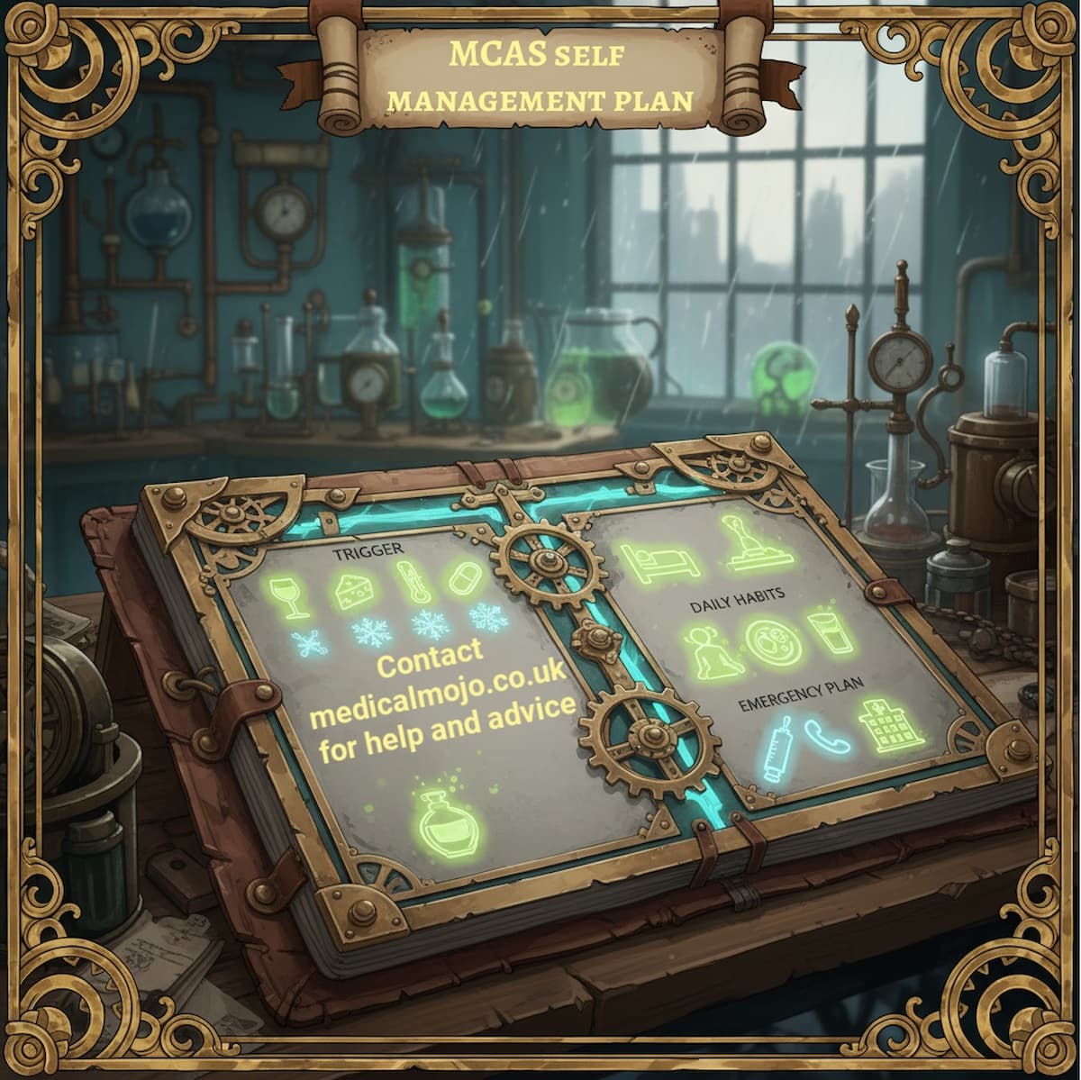 Steampunk?style planning book in a laboratory from medicalmojo.co.uk, showing a glowing MCAS self?management plan with icons for triggers, daily habits and an emergency plan, encouraging people with mast cell activation syndrome to track flares and work with clinicians to stay safer and more in control.