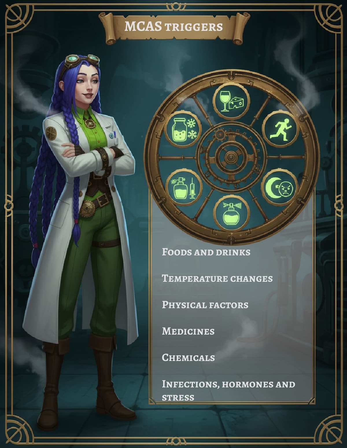 Dr Rosalind Jex, brand ambassador for Medical Mojo, stands in her steampunk laboratory beside a glowing trigger wheel that illustrates common mast cell activation syndrome (MCAS) triggers, including foods and drinks, temperature changes, physical exertion, medicines, chemicals, and infections, hormones and stress, for an educational MCAS guide at medicalmojo.co.uk.