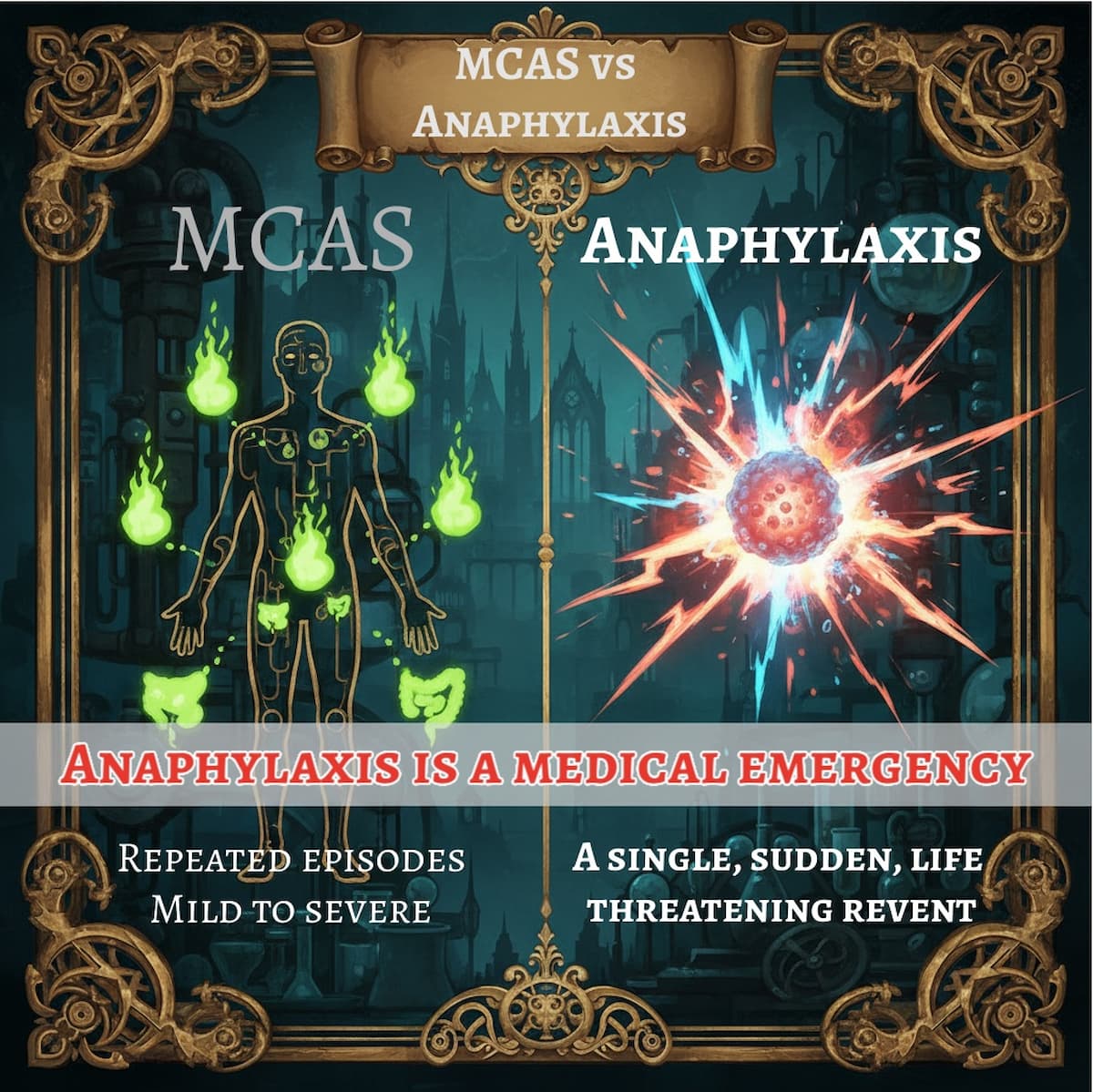 Side?by?side infographic from medicalmojo.co.uk comparing mast cell activation syndrome (MCAS) with anaphylaxis: the left panel shows a human outline with multiple glowing flare points to represent repeated MCAS episodes of varying severity, while the right panel shows a single explosive reaction to illustrate anaphylaxis as a sudden, life?threatening medical emergency.
