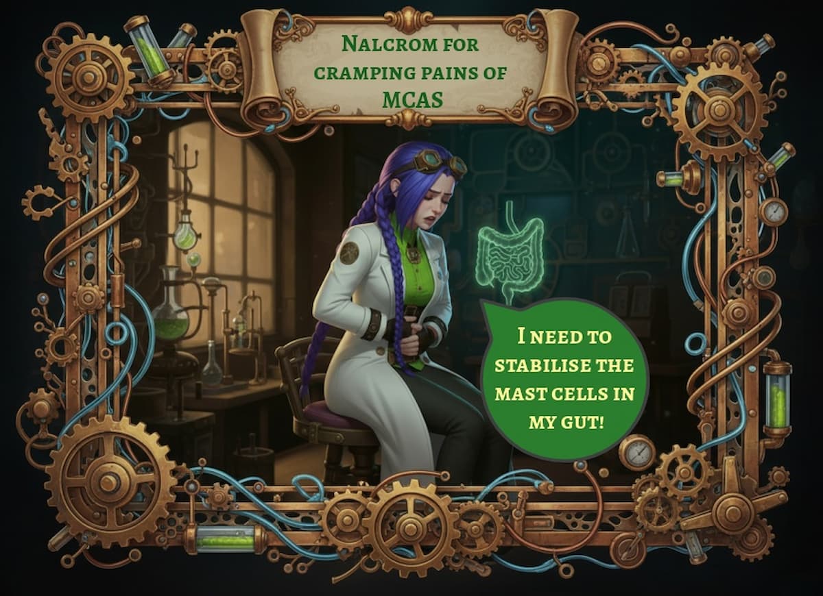 Dr Rosalind Jex, in a steampunk laboratory, sits on a stool clutching her abdomen in pain, with a glowing green gut diagram and ornate brass frame. Speech bubble says, “I need to stabilise the mast cells in my gut!” medicalmojo.co.uk