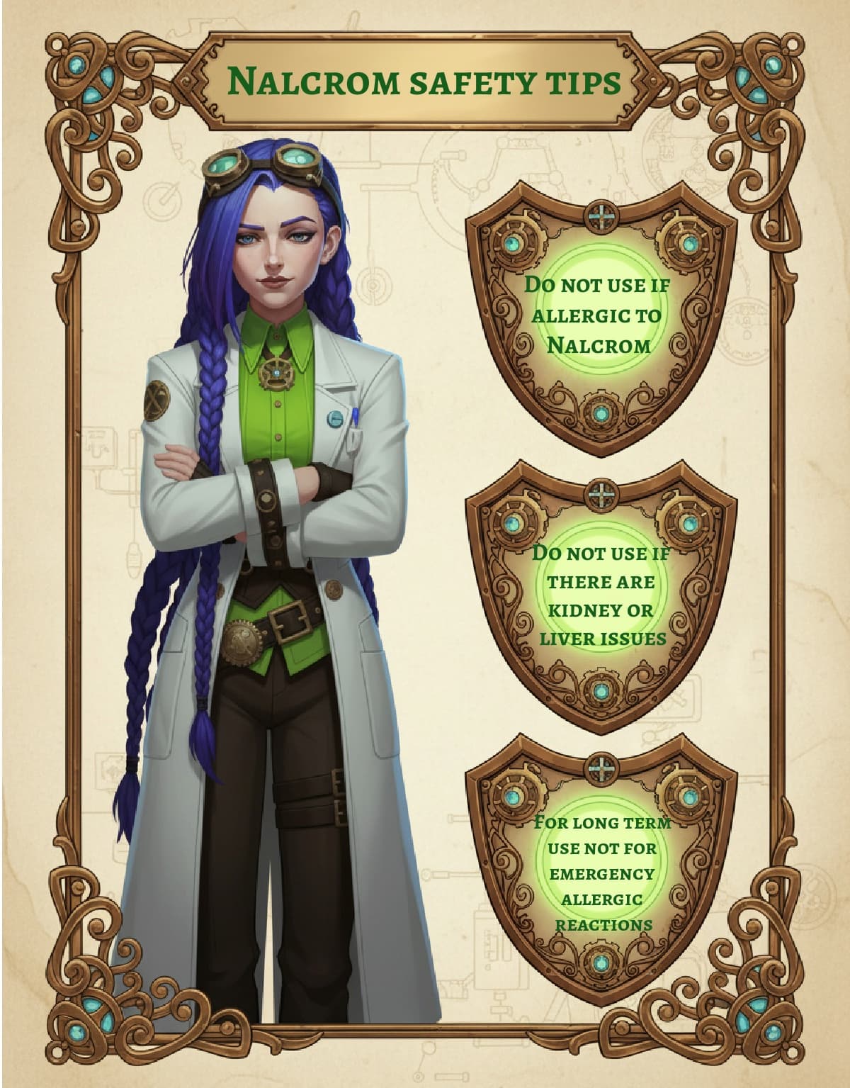 Dr Rosalind Jex stands with folded arms in a Victorian steampunk laboratory, next to three ornate shields displaying Nalcrom safety tips: do not use if allergic to Nalcrom, do not use with kidney or liver issues, and use for long-term management not emergencies. medicalmojo.co.uk