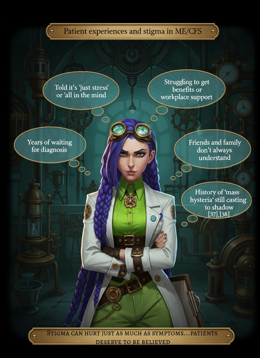 Steampunk-style infographic from https://medicalmojo.co.uk showing Dr. Rosalind Jex standing in her Etherwell laboratory, arms folded and looking determined, surrounded by thought bubbles that highlight the stigma people with chronic fatigue syndrome (ME/CFS) face. The bubbles read: “Told it’s ‘just stress’ or ‘all in the mind’”, “Years of waiting for diagnosis”, “Struggling to get benefits or workplace support”, “Friends and family don’t always understand”, and “History of ‘mass hysteria’ still casting a shadow [37],[38]”. A brass banner at the bottom states that stigma can hurt just as much as symptoms and that patients deserve to be believed, reinforcing the ME/CFS blog content on https://medicalmojo.co.uk.