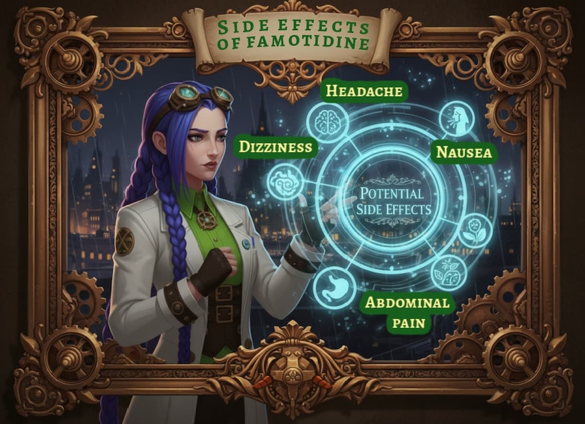Dr Rosalind Jex, Medical Mojo’s brand ambassador, highlights the potential side effects of famotidine—such as headache, dizziness, nausea, and abdominal pain—in her steampunk laboratory. Discover more at medicalmojo.co.uk