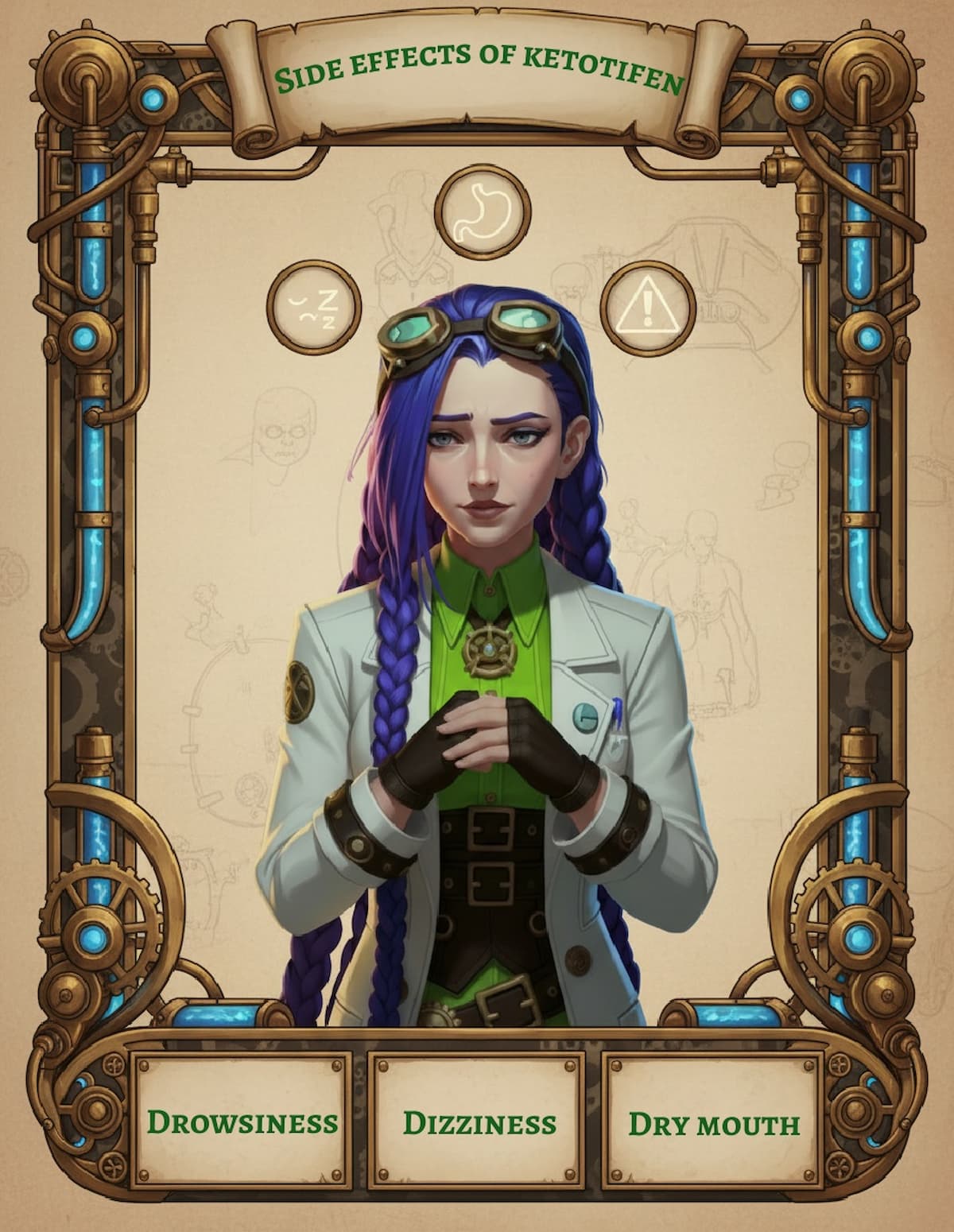 Dr Rosalind Jex stands in her steampunk laboratory in Etherwell under the heading “Side effects of ketotifen”, with icons for sleepiness, stomach upset and a warning sign above her, and a panel at the bottom listing drowsiness, dizziness and dry mouth as common side effects of ketotifen 1mg/5ml elixir on medicalmojo.co.uk.