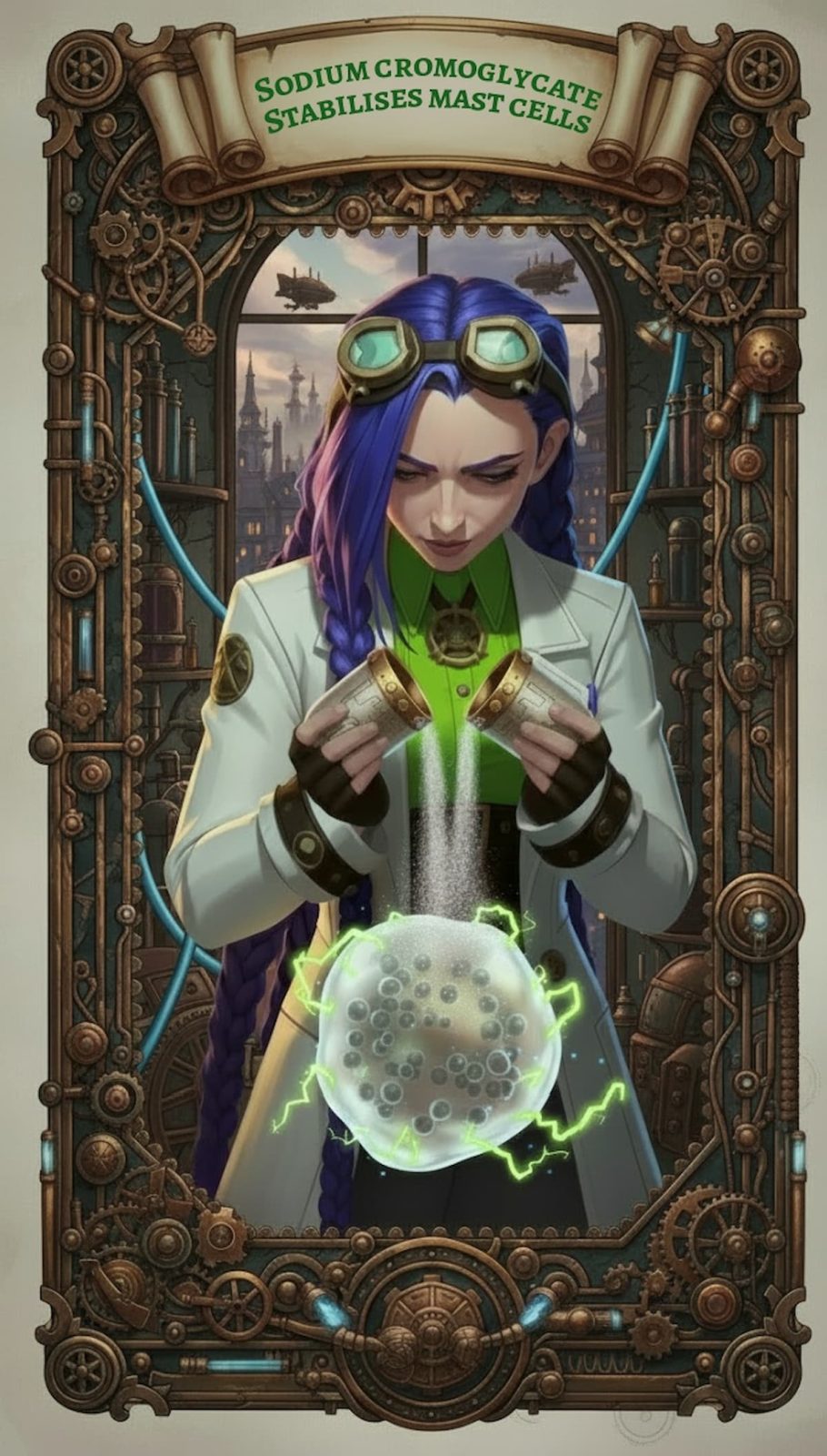Dr Rosalind Jex in a Victorian steampunk laboratory, pouring powder from two halves of a sodium cromoglycate 100mg capsule onto an activated mast cell, with green energy crackling around the cell, set against a cityscape with airships and intricate brass machinery. medicalmojo.co.uk