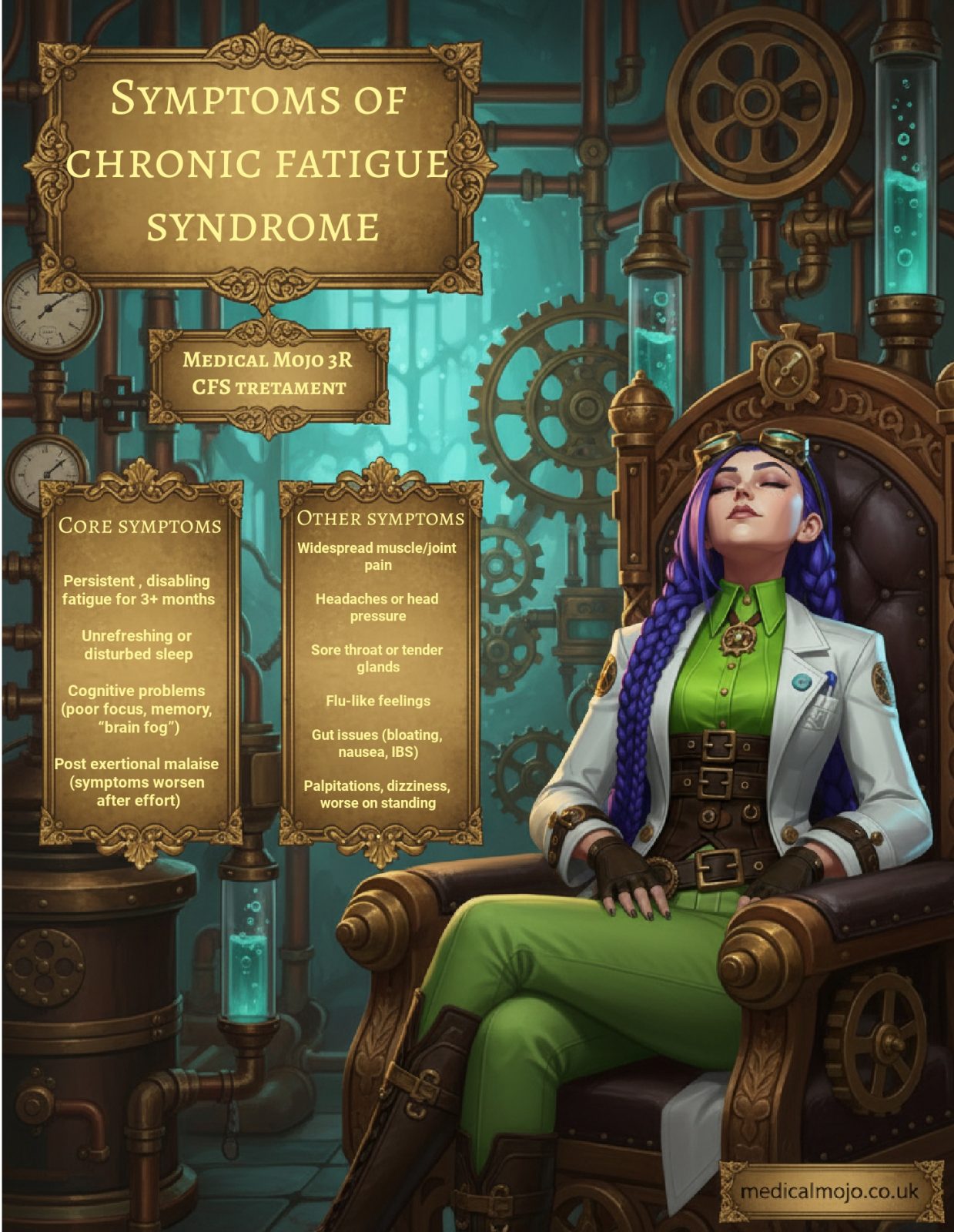 Steampunk-style infographic from https://medicalmojo.co.uk showing Dr. Rosalind Jex relaxing in her Etherwell laboratory beside brass plaques that list the core and other symptoms of chronic fatigue syndrome, including persistent fatigue, unrefreshing sleep, cognitive problems, post?exertional malaise, pain, flu?like feelings, gut issues and dizziness.