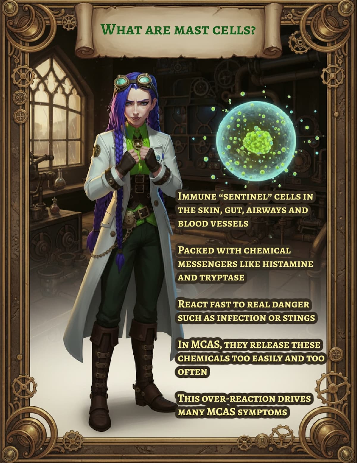 Dr Rosalind Jex, Medical Mojo’s steampunk pharmacist, stands in her Etherwell laboratory beside a glowing holographic mast cell, with on?screen text explaining that mast cells are immune “sentinel” cells in the skin, gut, airways and blood vessels whose over?reaction in MCAS can trigger many symptoms, for an educational article on mast cell activation at medicalmojo.co.uk.