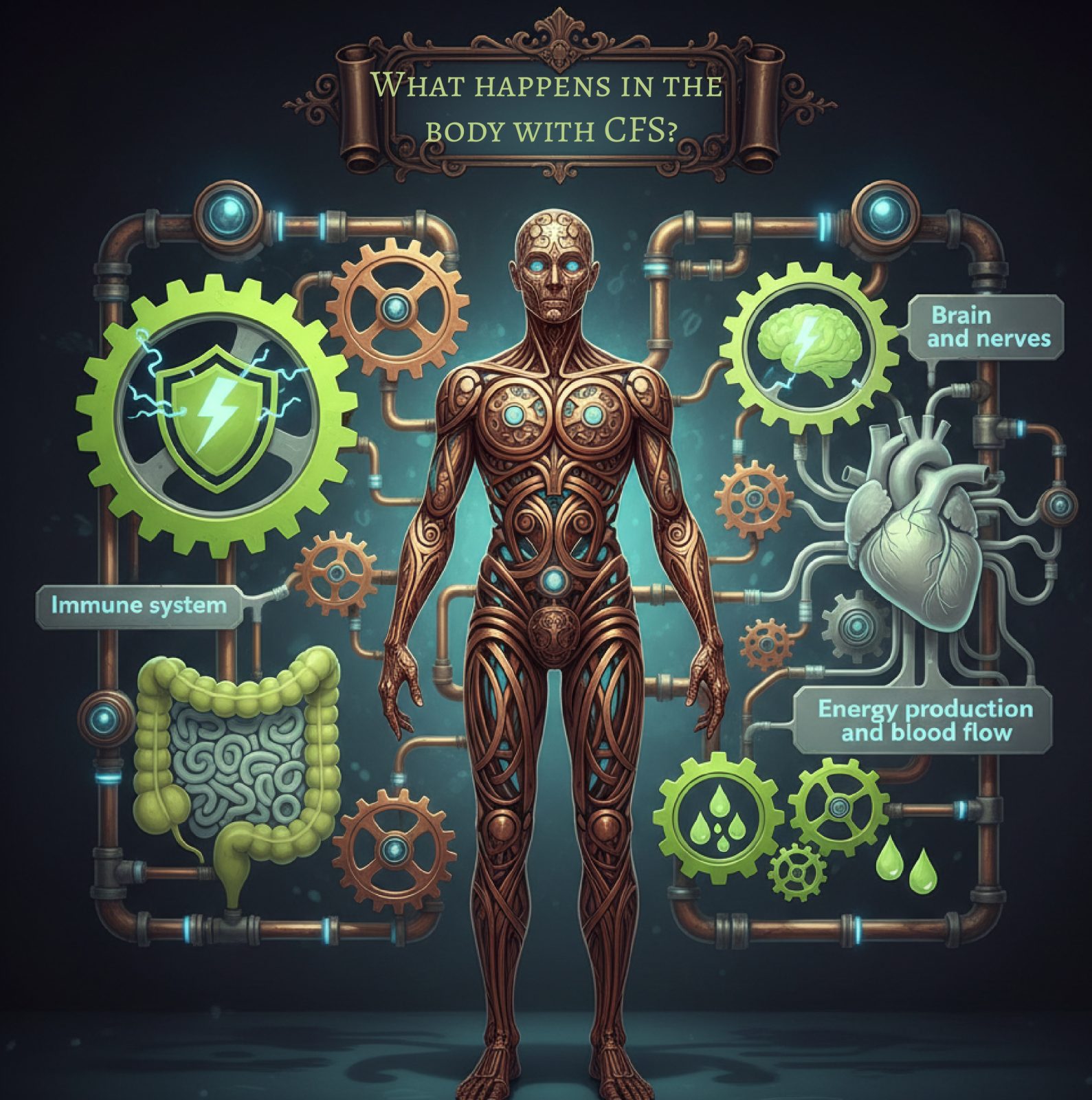 Infographic showing how chronic fatigue syndrome (CFS) affects the body, including changes in the immune system, brain and nerves, energy production, blood flow, and digestion. For more details, visit medicalmojo.co.uk.