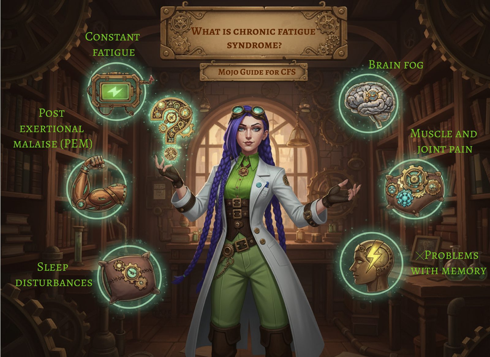 Dr. Rosalind Jex, the face of medicalmojo.co.uk, stands in a steampunk laboratory surrounded by glowing icons that illustrate the common symptoms of chronic fatigue syndrome, including constant fatigue, post-exertional malaise (PEM), brain fog, muscle and joint pain, sleep disturbances, and memory problems.