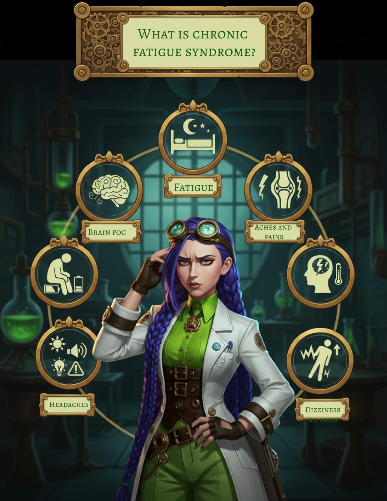Dr Rosalind Jex stands in her steampunk laboratory at medicalmojo.co.uk, surrounded by icons showing key symptoms of chronic fatigue syndrome (ME/CFS) including fatigue, brain fog, aches and pains, headaches, dizziness and sensory sensitivity, under the heading “What is chronic fatigue syndrome?”.