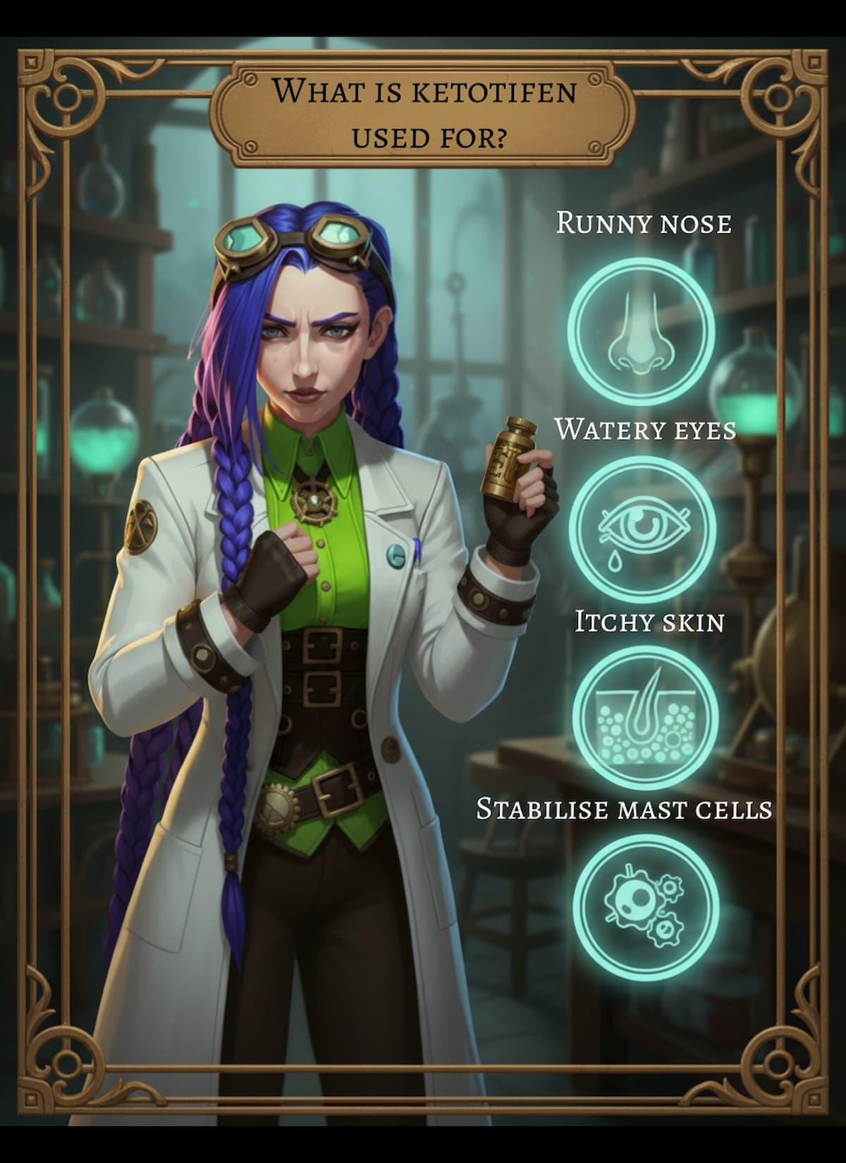 Dr Rosalind Jex, Medical Mojo’s steampunk pharmacist, stands in her Etherwell laboratory holding a ketotifen bottle, with glowing icons for runny nose, watery eyes, itchy skin and stabilising mast cells, illustrating what ketotifen is used for on medicalmojo.co.uk.