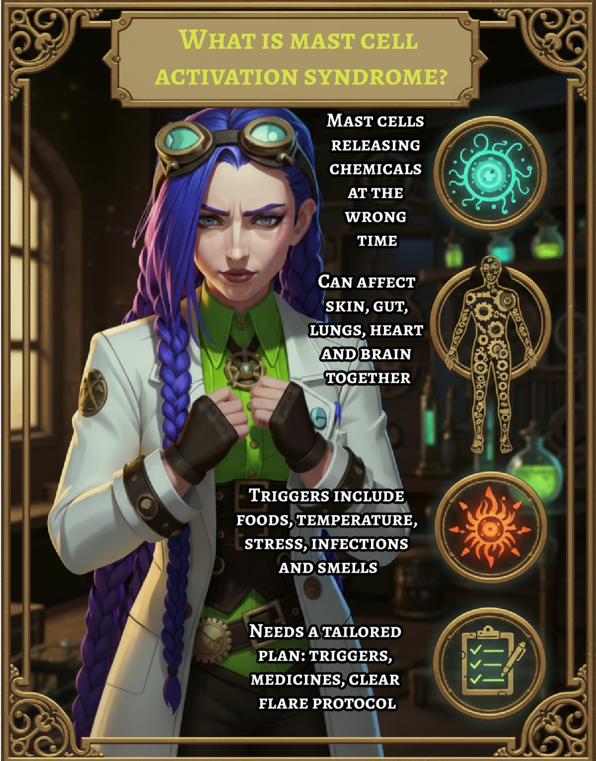 Dr Rosalind Jex stands in her Etherwell steampunk laboratory on medicalmojo.co.uk, explaining what mast cell activation syndrome (MCAS) is, with glowing icons showing an overactive mast cell, a full?body symptom map, common triggers and the need for a personalised flare plan.