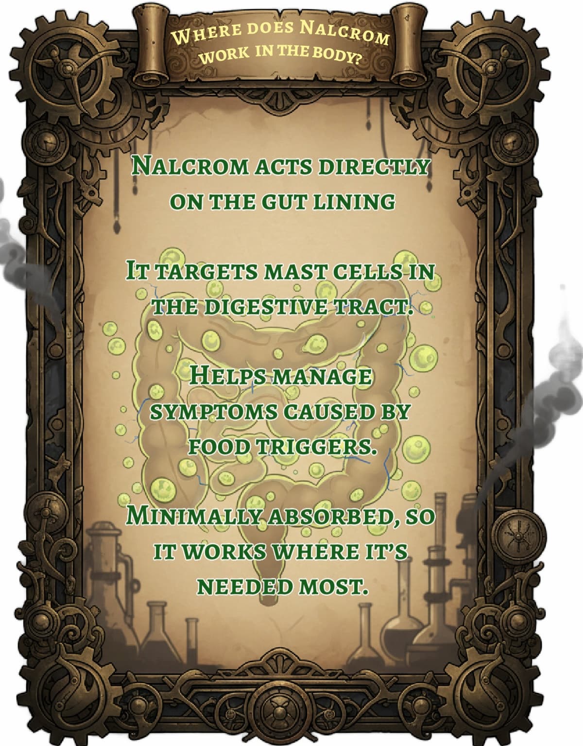 Steampunk-style infographic showing the gut with highlighted mast cells, surrounded by ornate brass gears and pipes. Text explains that Nalcrom acts directly on the gut lining, targeting mast cells to manage symptoms from food triggers, and is minimally absorbed for local action. medicalmojo.co.uk