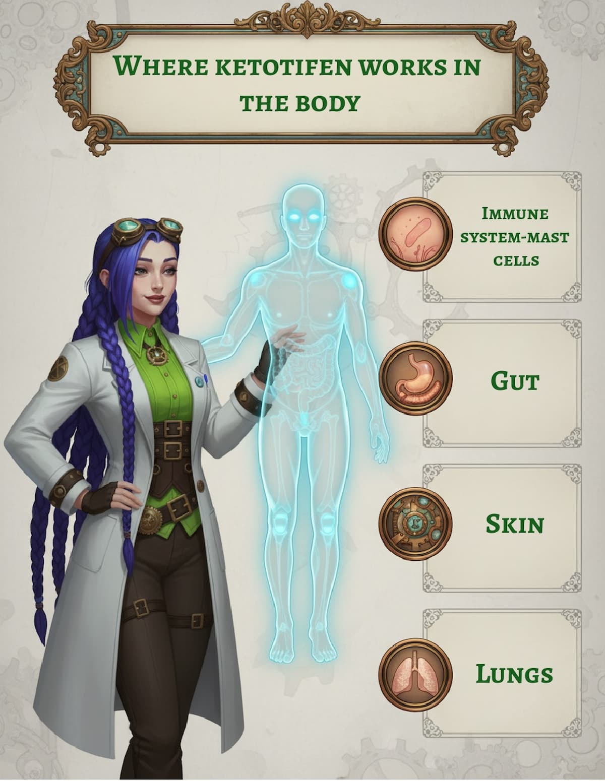 Dr Rosalind Jex stands in her Etherwell laboratory beside a glowing outline of a human body, pointing to where ketotifen elixir works, with labelled panels for immune system mast cells, gut, skin and lungs, supporting an educational ketotifen guide on medicalmojo.co.uk.