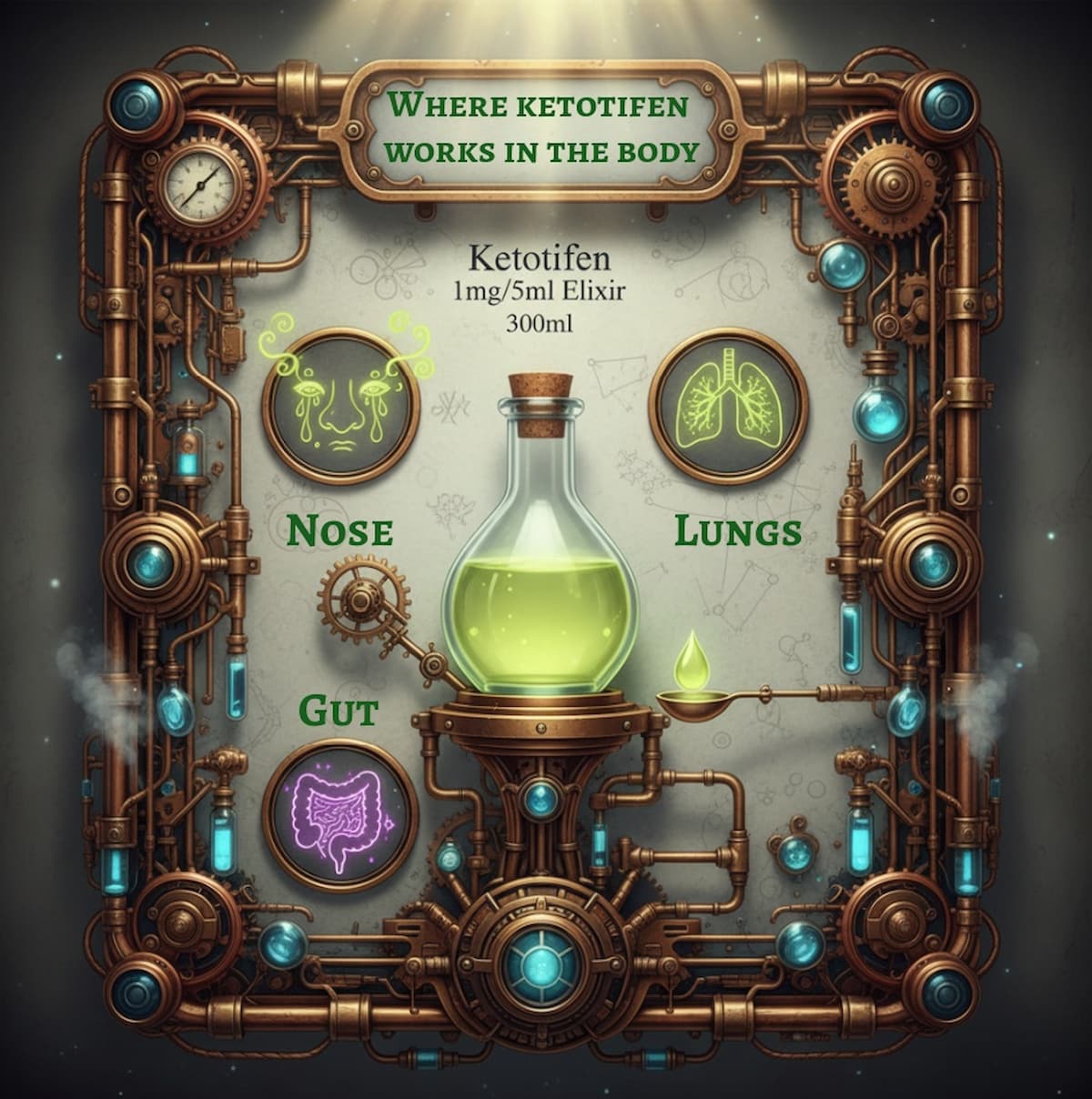 Steampunk?style infographic titled “Where ketotifen works in the body”, showing a glowing bottle of Ketotifen 1mg/5ml Elixir 300ml surrounded by icons for nose, lungs and gut, used to explain which symptoms ketotifen elixir can help with in the allergy and MCAS guide on medicalmojo.co.uk.