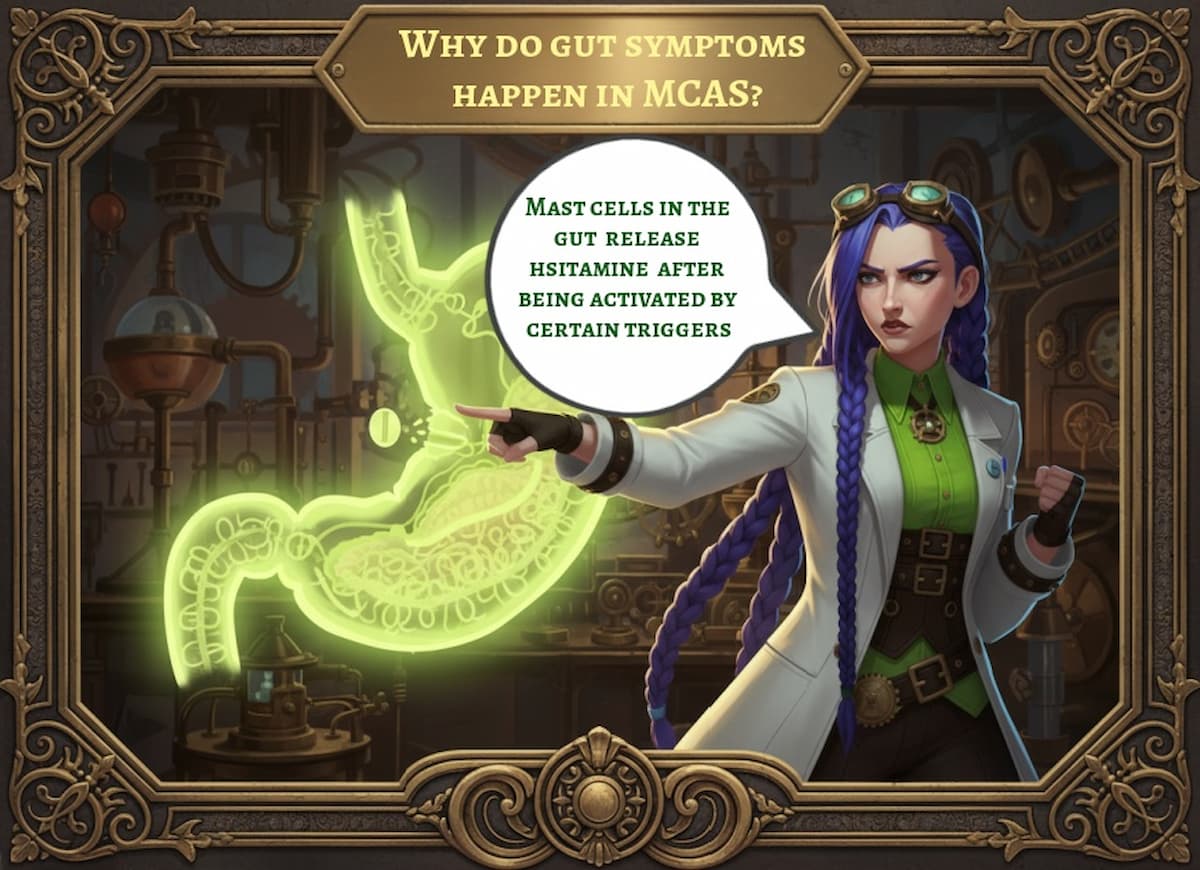 Dr Rosalind Jex, Medical Mojo’s brand ambassador, points to a glowing stomach diagram in her steampunk laboratory, explaining how mast cells in the gut release histamine and cause symptoms in MCAS. Find out more at medicalmojo.co.uk