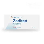 Pack shot of Zaditen ketotifen 1mg tablets (Novartis) used in the ketotifen 1mg information page on medicalmojo.co.uk, showing the front of the white carton with blue and red text and a 30?tablet supply.