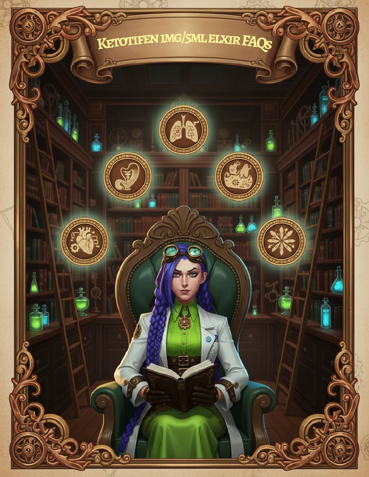 Dr Rosalind Jex sits in a grand steampunk library, reading a book, with glowing circular icons floating above her head showing lungs, gut, pregnancy, heart and allergy symbols, under the heading “Ketotifen 1mg/5ml Elixir FAQs”, illustrating a patient?friendly question?and?answer guide to ketotifen elixir on medicalmojo.co.uk.