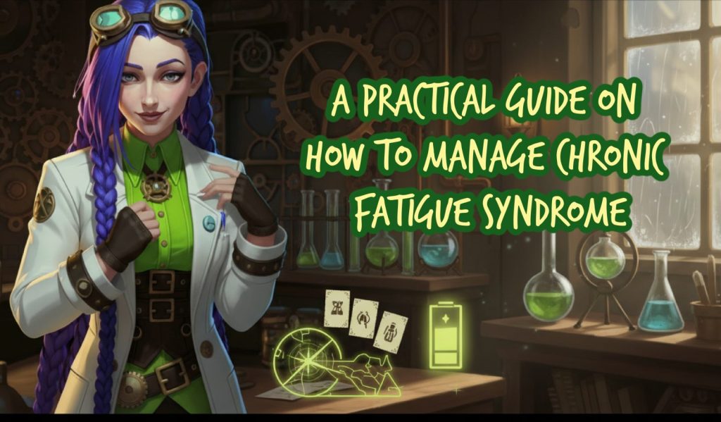Dr Rosalind Jex in her steampunk lab with pacing icons (route map, task cards, battery), introducing practical tips to manage chronic fatigue syndrome on medicalmojo.co.uk.
