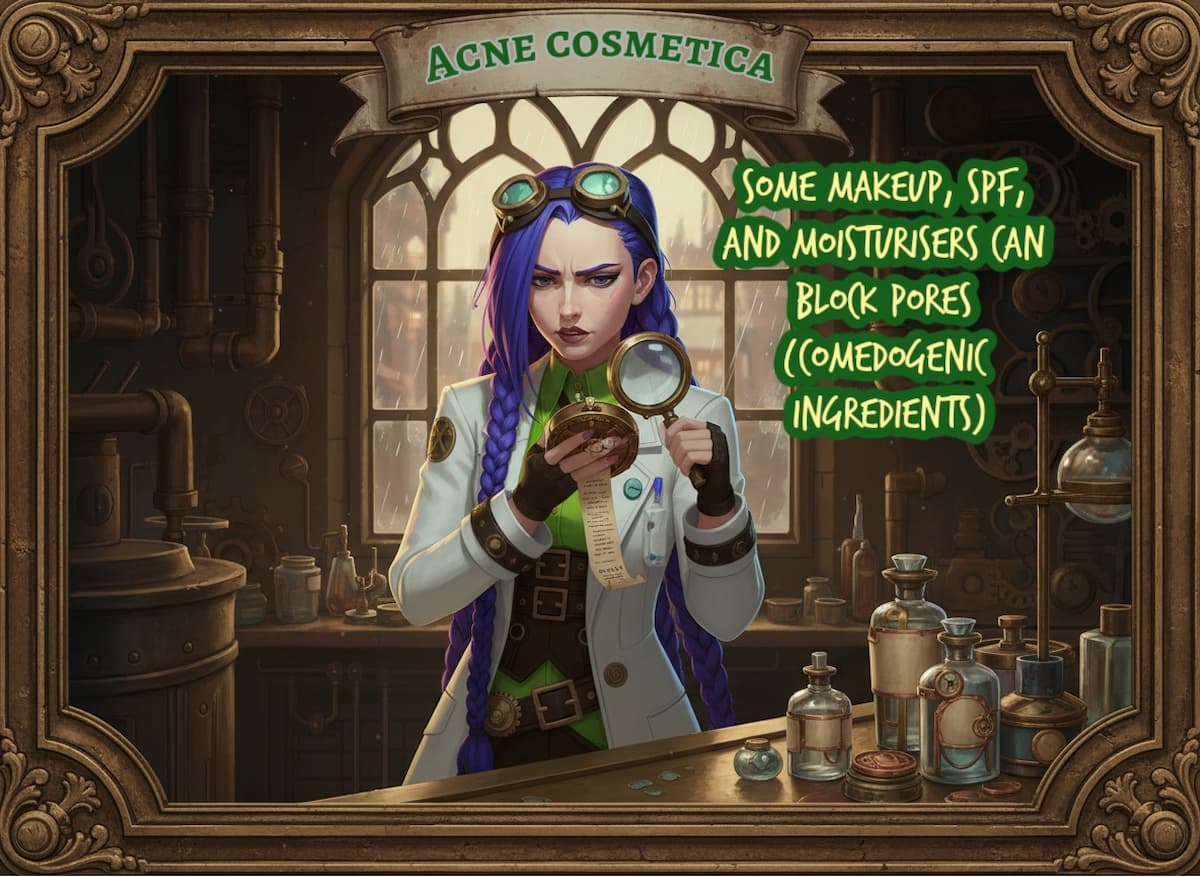 Acne cosmetica: how skincare and makeup can cause chin acne | medicalmojo.co.uk Dr. Rosalind Jex examines a list of ingredients in her steampunk laboratory, highlighting how some makeup, SPF, and moisturisers can clog pores and cause acne cosmetica, for a blog on medicalmojo.co.uk.