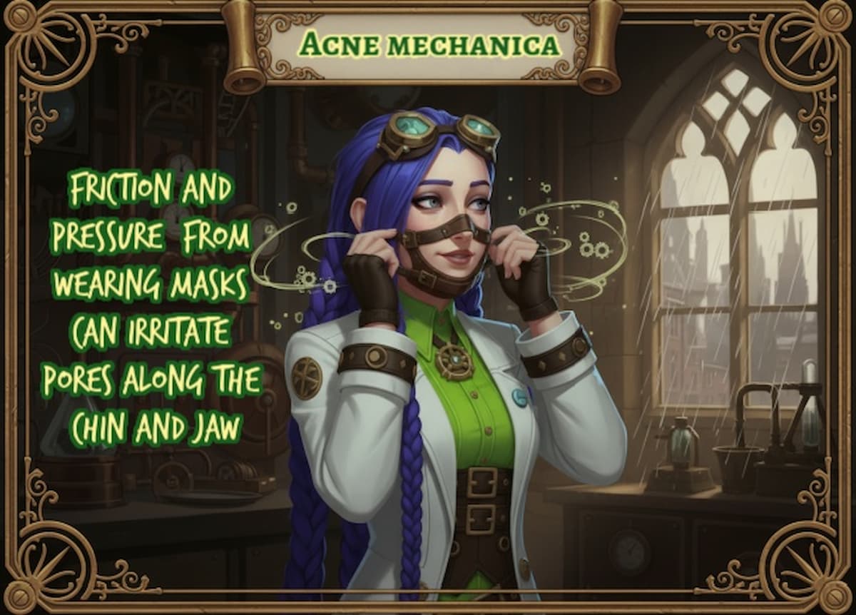 Acne mechanica: mask friction and chin acne | medicalmojo.co.uk Dr. Rosalind Jex adjusts a face mask in her steampunk laboratory, illustrating acne mechanica (mask friction) as a cause of chin acne, for a blog on medicalmojo.co.uk.