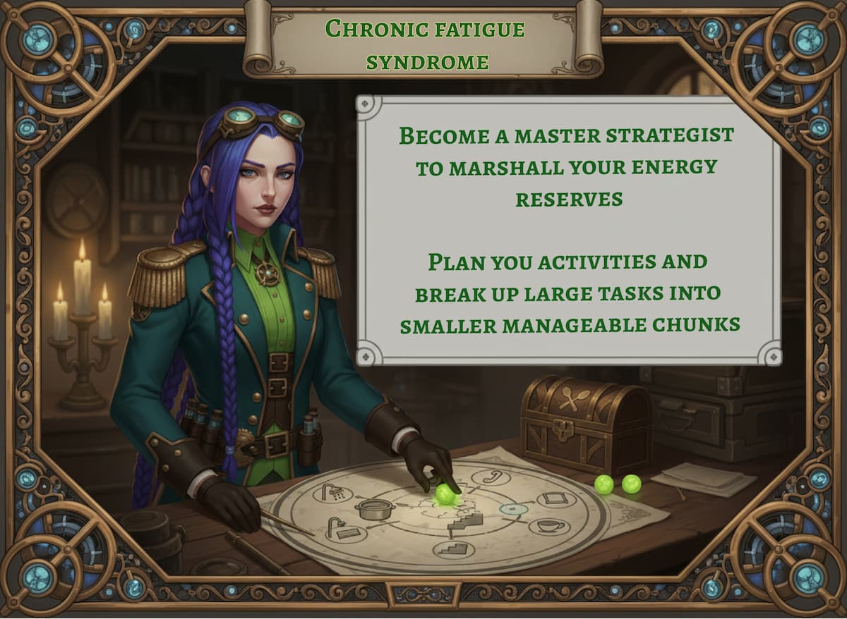 Dr. Rosalind Jex, dressed as a strategist in her Etherwell lab, plans pacing on a tactical map to conserve energy with ME/CFS on medicalmojo.co.uk.
