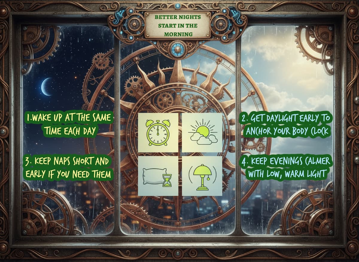 Steampunk clock-and-window infographic showing that better nights start in the morning, with tips like consistent wake time, early daylight, short naps, and calmer evenings, from medicalmojo.co.uk.