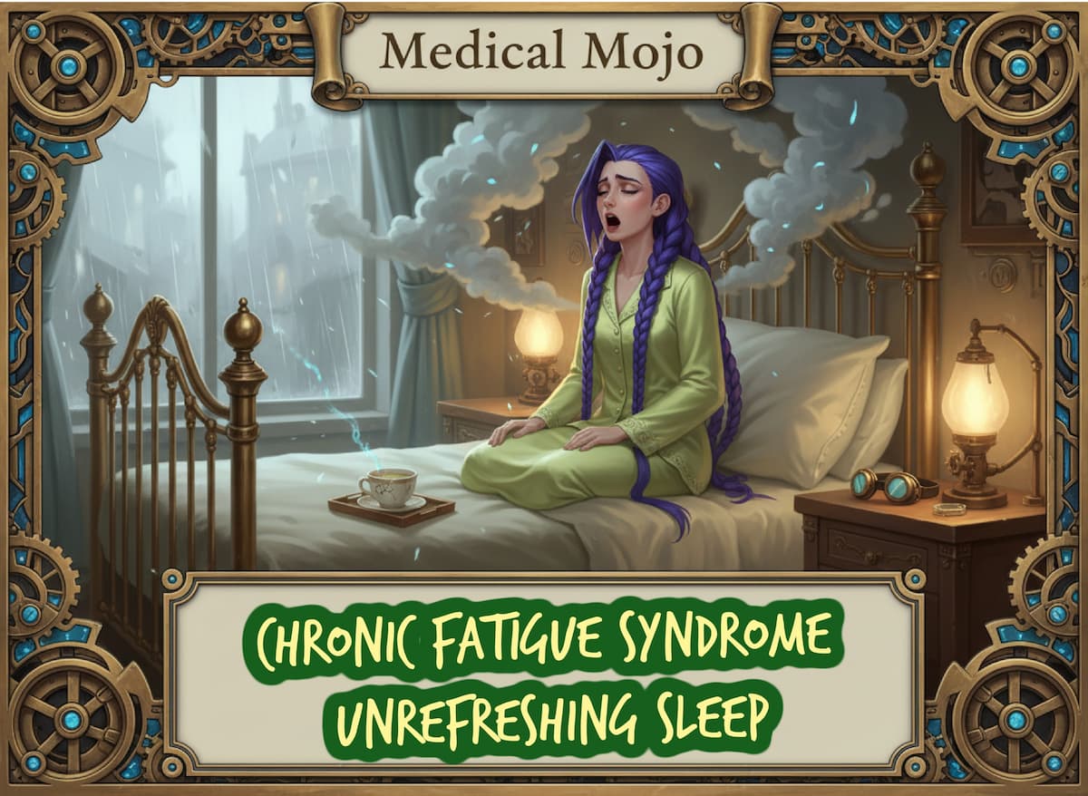 Dr. Rosalind Jex sits up in bed yawning, showing unrefreshing sleep as a key symptom in chronic fatigue syndrome (ME/CFS) on medicalmojo.co.uk.