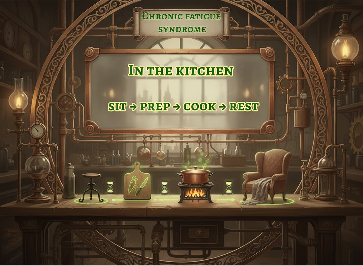 Steampunk kitchen scene showing a stool, chopping board, cooking pot, and rest chair in a step-by-step sequence for pacing with ME/CFS on medicalmojo.co.uk.