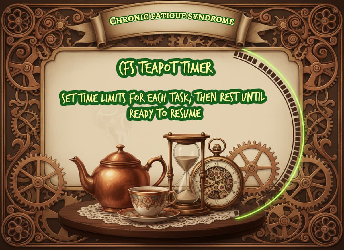 Teapot, cup, hourglass, and pocket watch surrounded by gears, illustrating timed activity bursts and rest breaks for ME/CFS pacing on medicalmojo.co.uk.